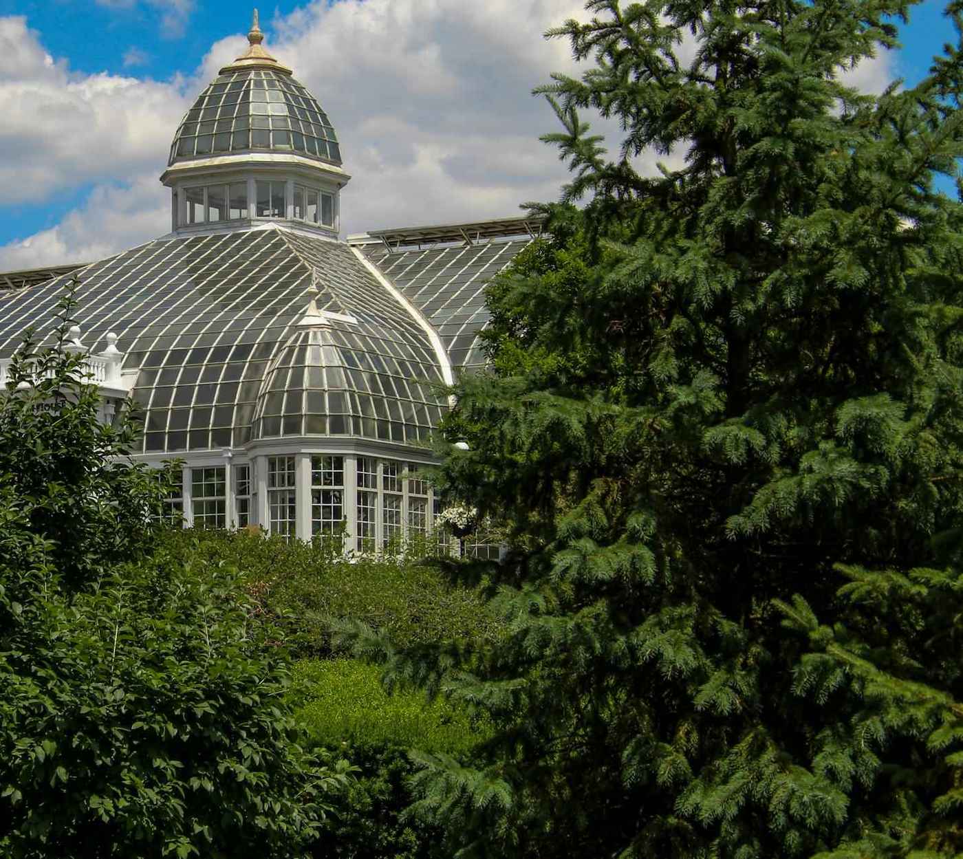 Glass-domed Victorian Wintergardens conservatory surrounded by greenery