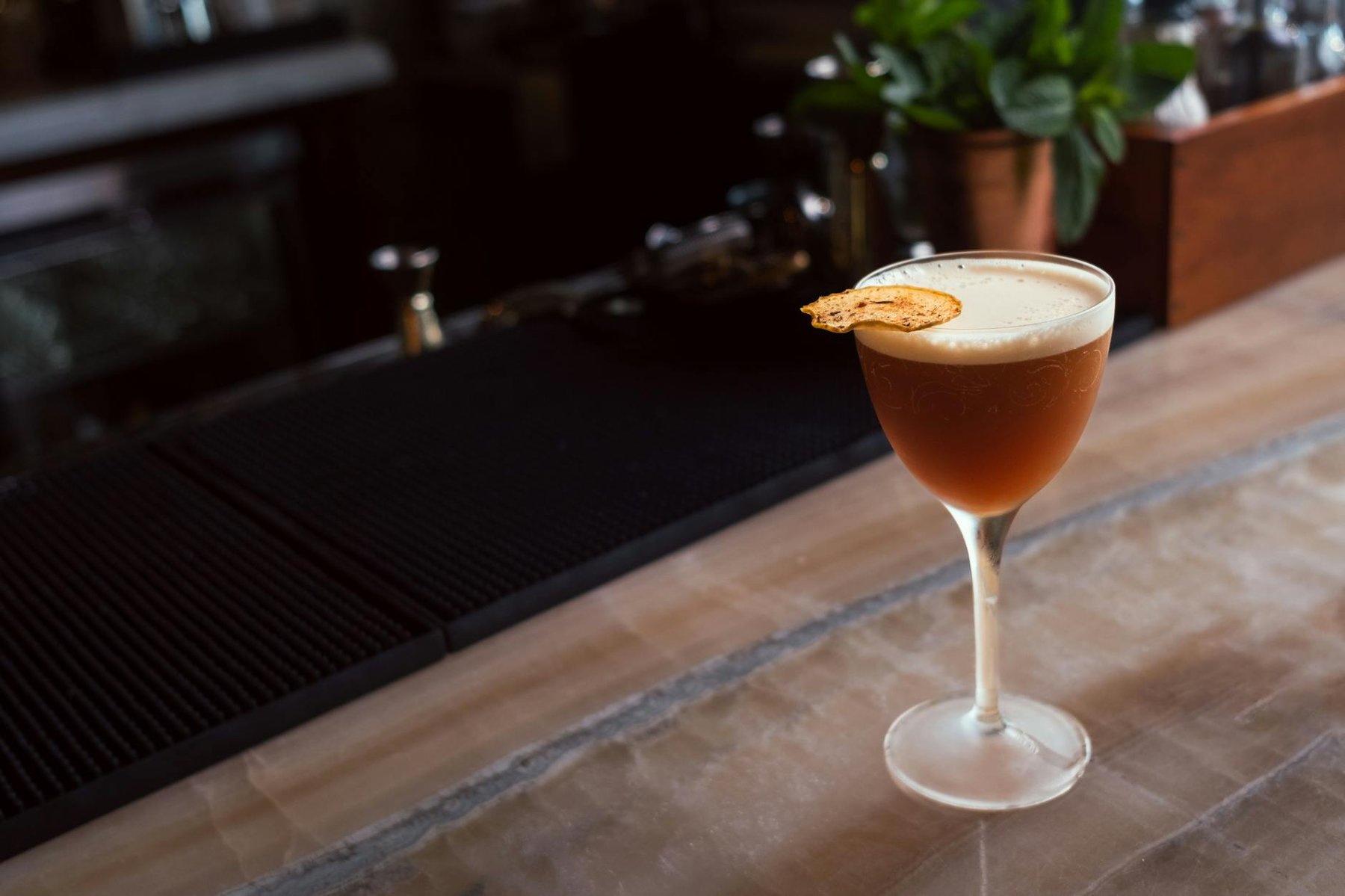 Craft cocktail with garnish at an elegant Auckland bar