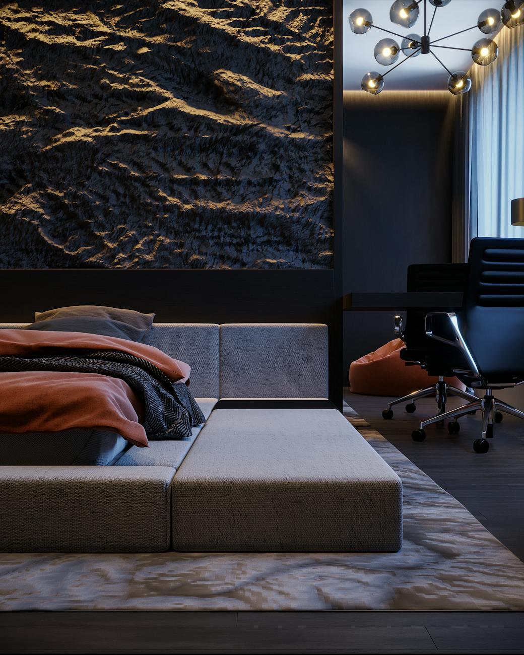Stylish boutique hotel bedroom with contemporary design