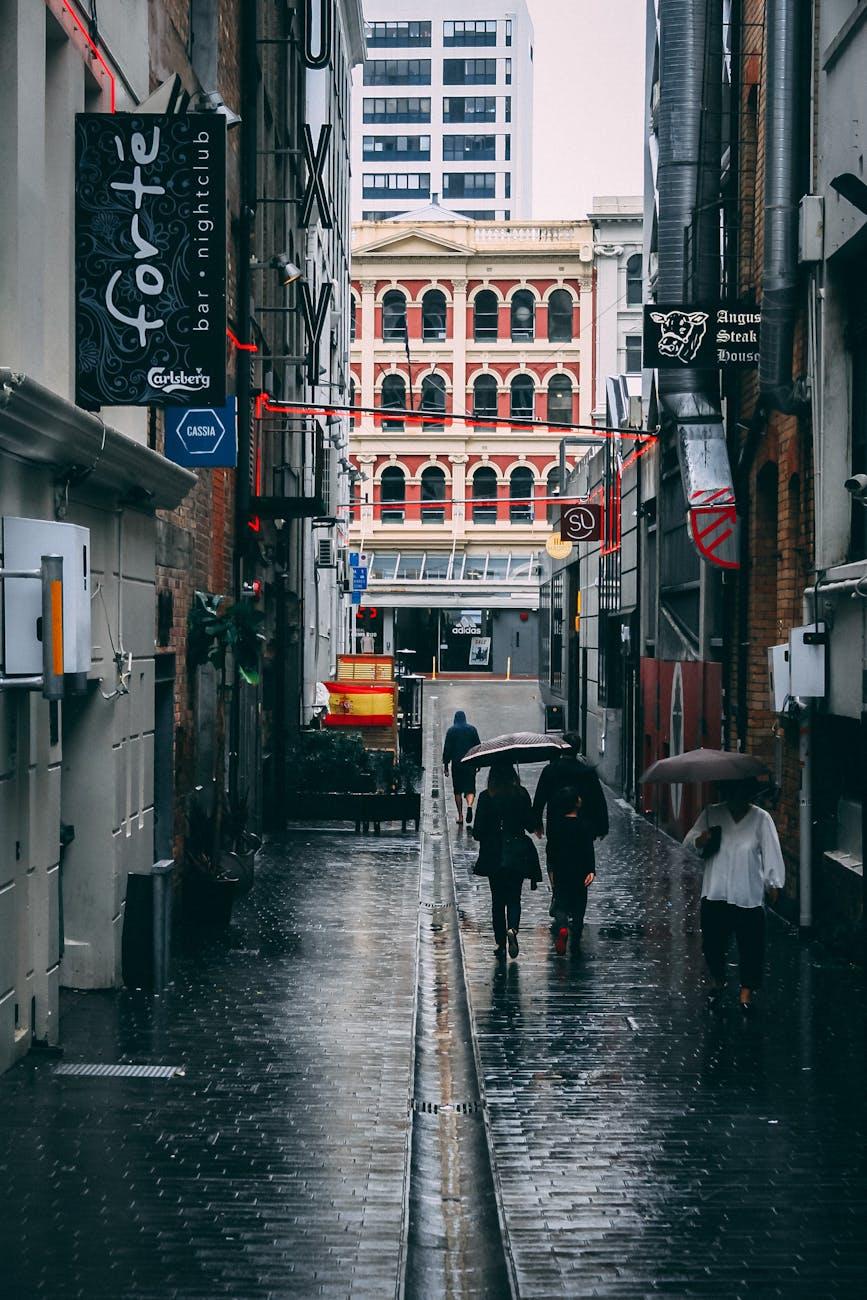 Rainy winter day on an Auckland city street