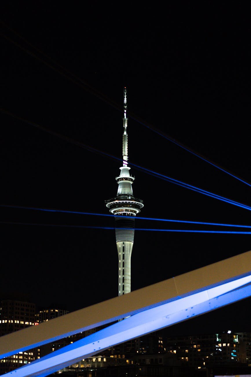 Auckland Sky Tower lit up at night with city skyline