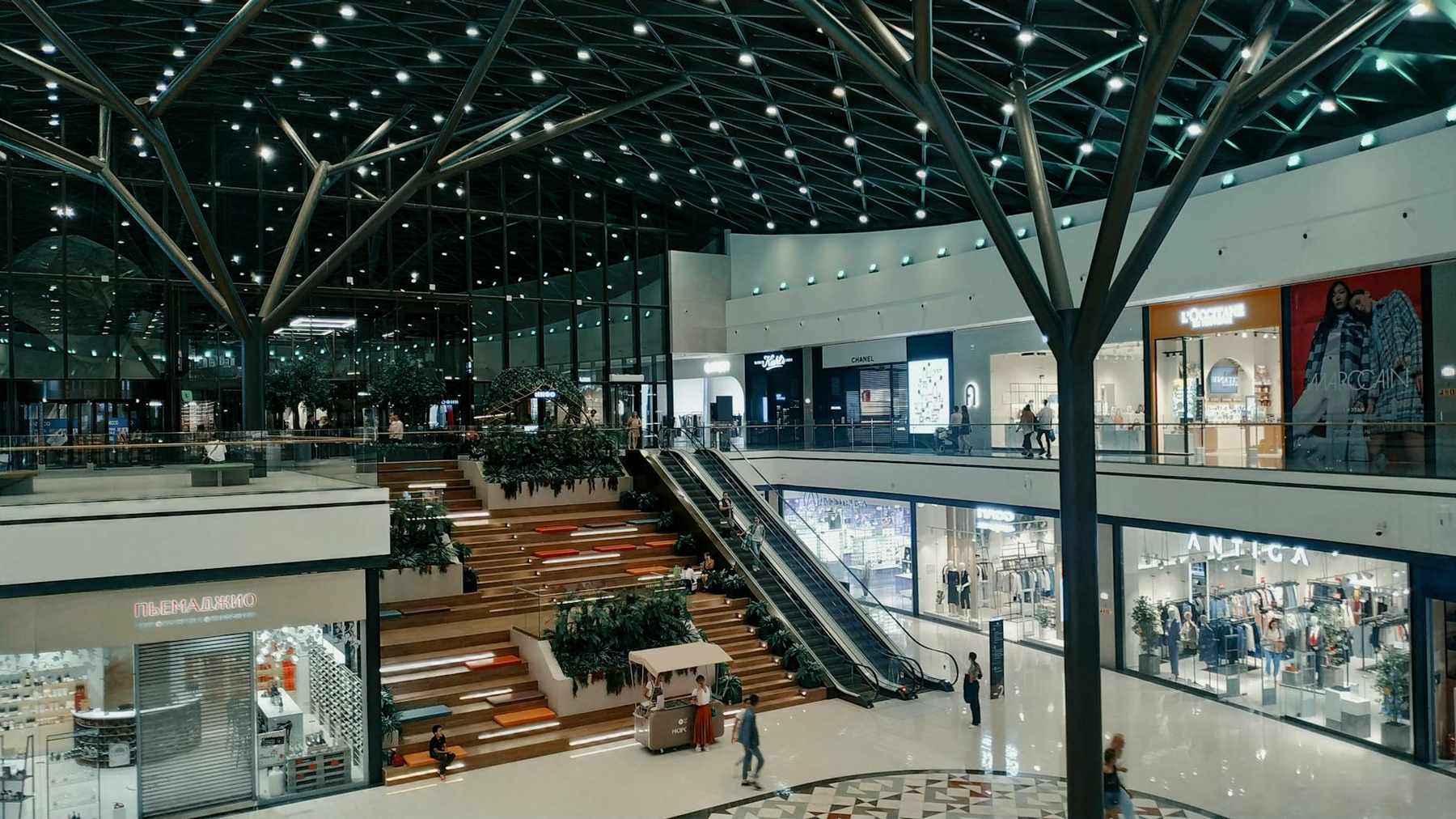 Modern multi-level shopping mall interior
