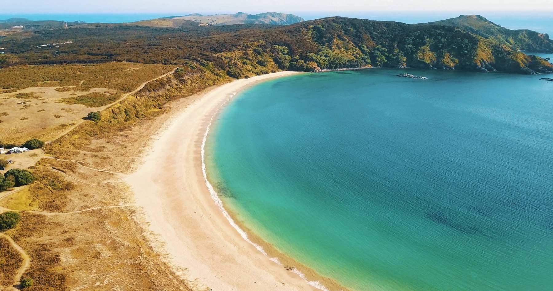 White sand beach with clear blue water on Waiheke Island