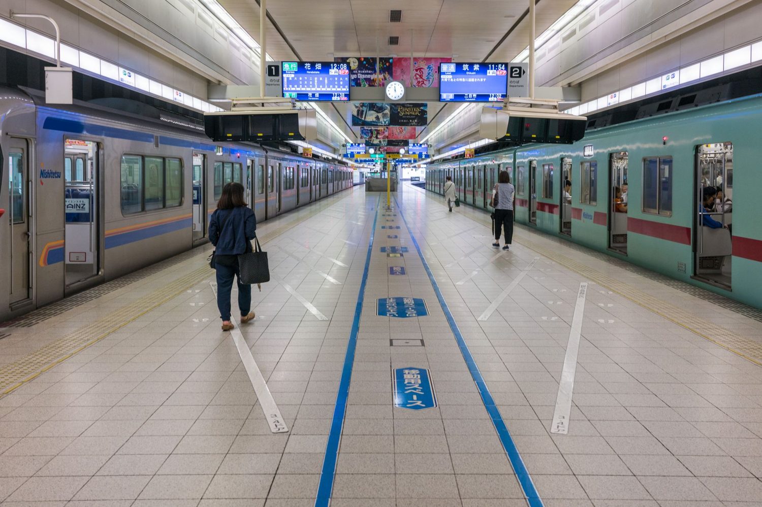 Commuter train at a city station platform