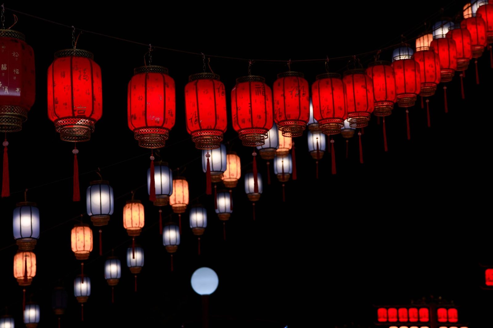 Illuminated lanterns glowing at night during the Auckland Lantern Festival