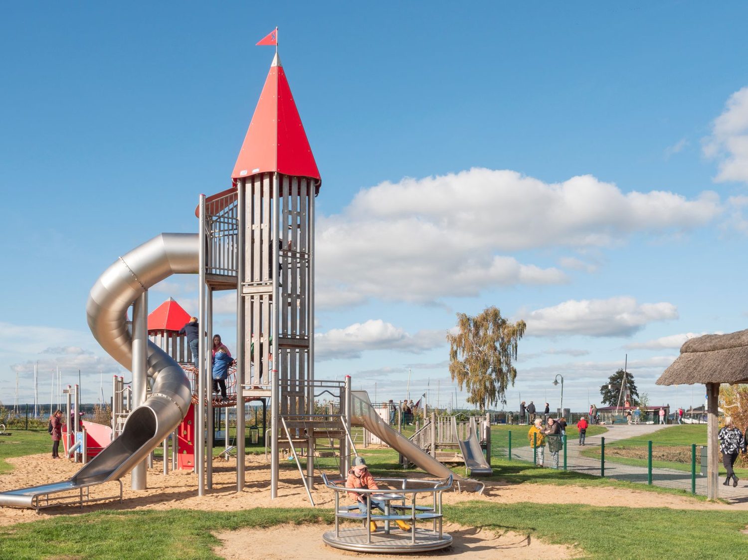 Tall silo slide at the Wynyard Quarter playground in Auckland