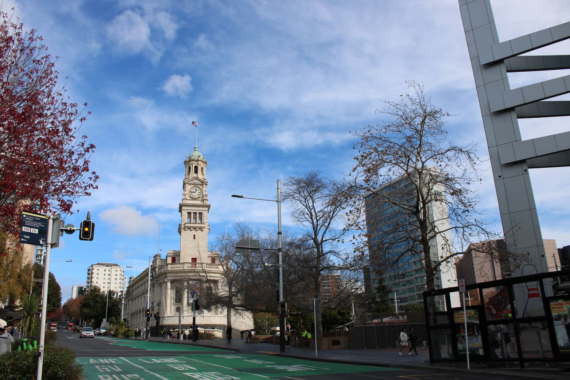 Auckland Town Hall and its clock tower on a wedge-shaped corner site on Queen Street