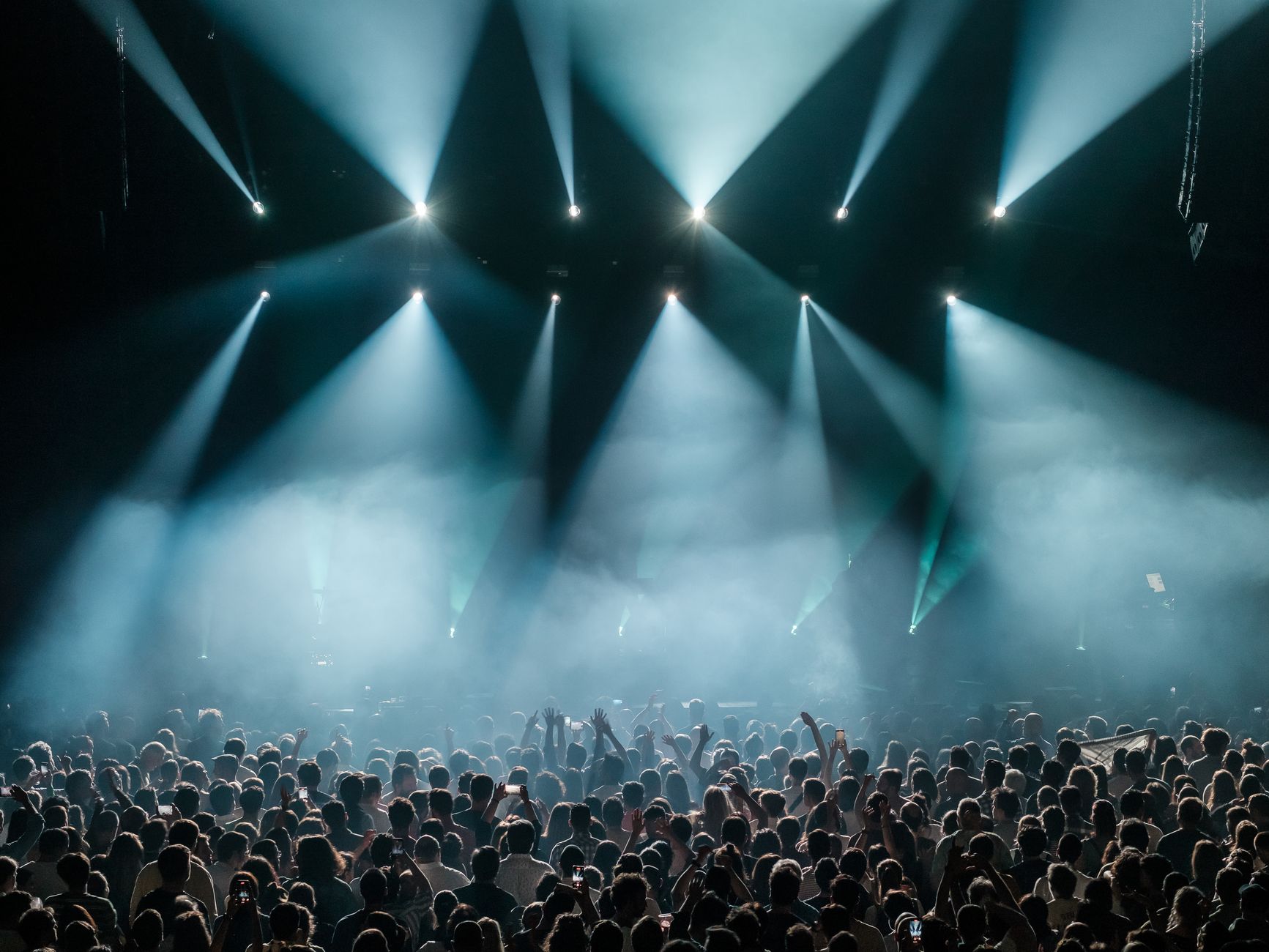A live music crowd under stage lighting at a concert.