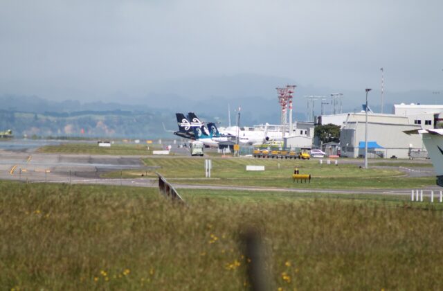 Air New Zealand turboprops parked on the apron at Auckland Airport's domestic terminal, seen across grass