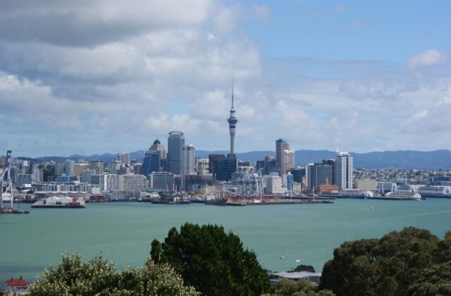 Auckland's city skyline and Sky Tower seen across the Waitemata Harbour from Mount Victoria in Devonport