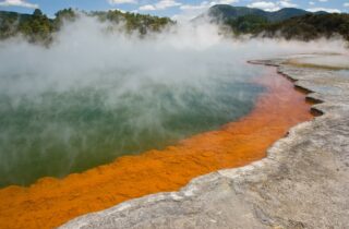 Steam rising off the green Champagne Pool at Wai-O-Tapu, its edge ringed with bright orange mineral deposits