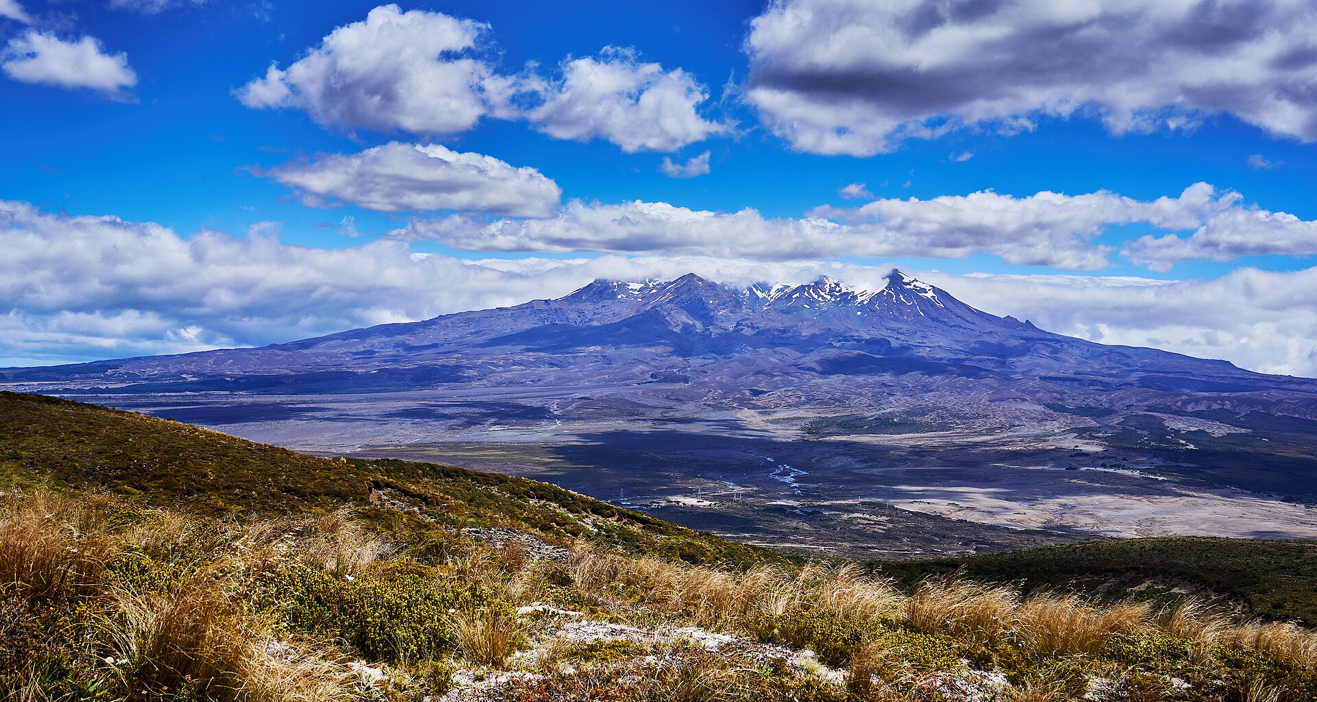 Snow-streaked Mount Ruapehu rising above a wide plain of tussock and scrub under a blue sky with scattered cloud