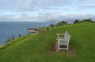 A wooden bench on the grassy slope of North Head in Devonport, looking out over the Hauraki Gulf