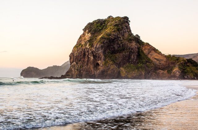 Lion Rock rising from the surf at Piha Beach on Auckland's west coast at sunset
