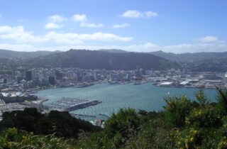 Wellington's city centre and harbour seen from Mount Victoria, with green hills rising behind the city